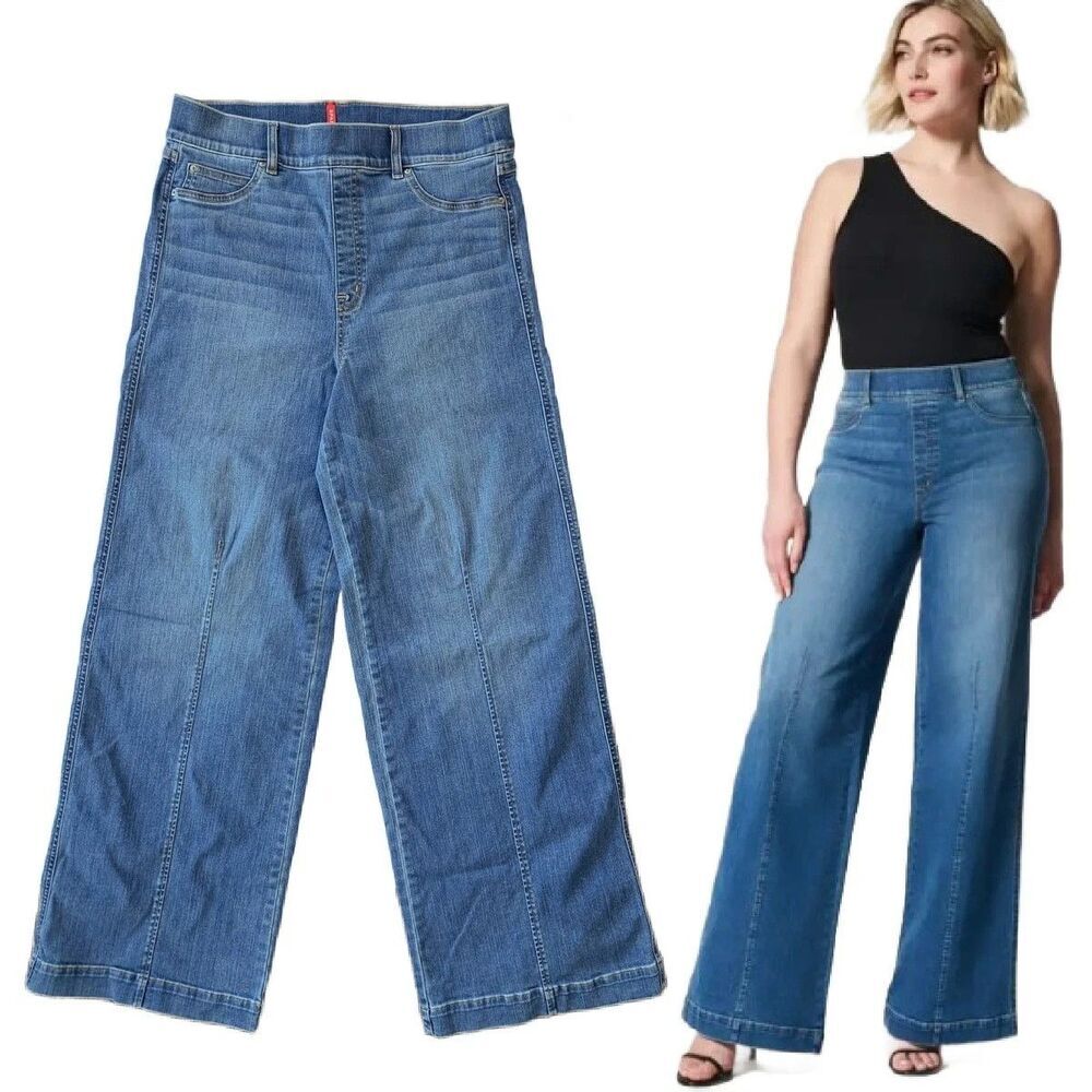 SPANX Seamed Front Wide Leg Jeans XLT Tall Vintage Indigo Blue High Waist $168